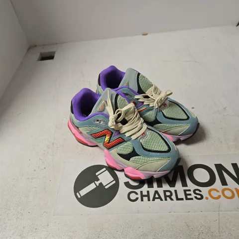 NEW BALANCE SNEAKERS UK7.5 – PASTEL BLUE/GREEN WITH PURPLE LINING AND PINK SOLE