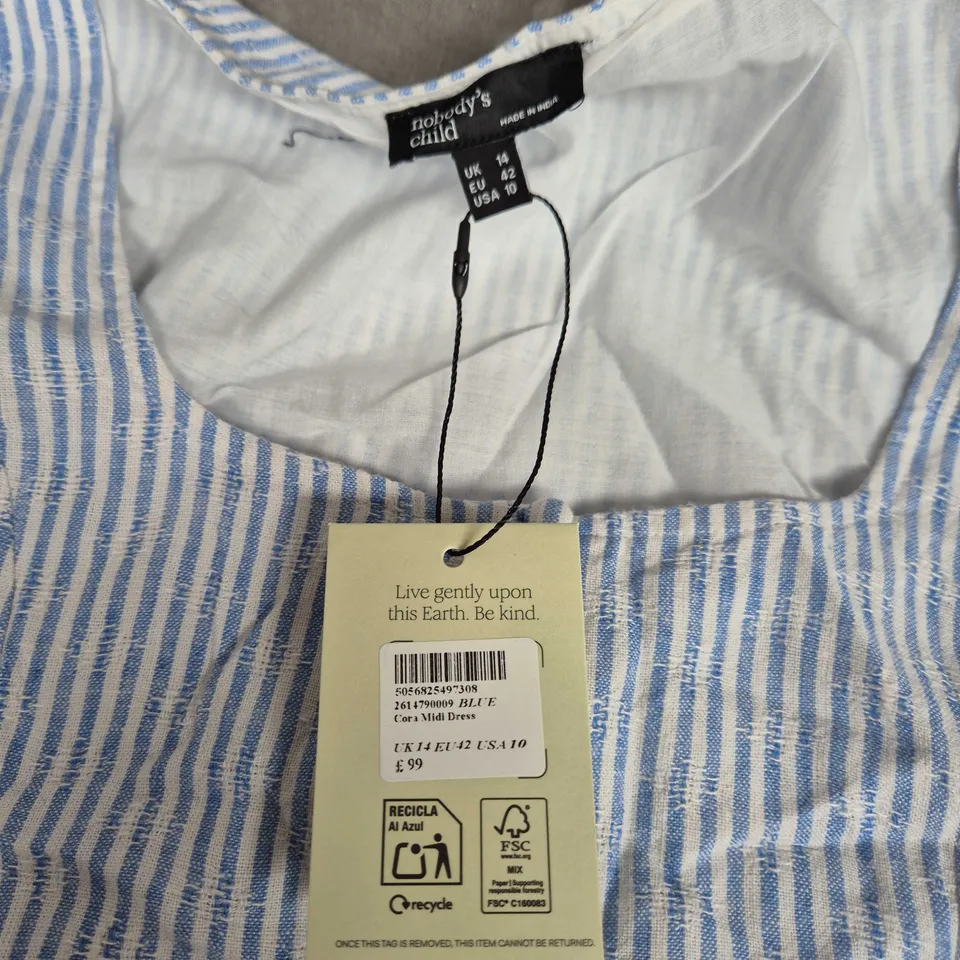 NOBODY'S CHILD CORA MIDI DRESS - BLUE & WHITE STRIPE - UK 14