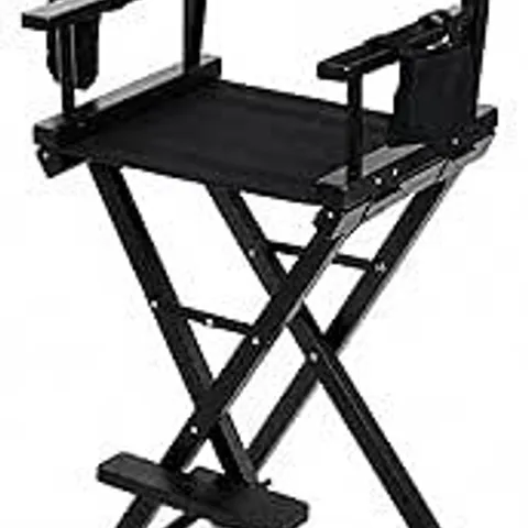 BOXED PROFESSIONAL BLACK WOODEN FOLDING DIRECTOR MAKEUP CHAIR WITH 2 STORAGE POUCHES