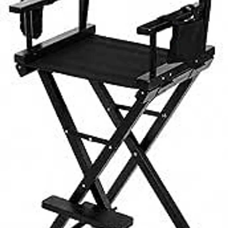 BOXED PROFESSIONAL BLACK WOODEN FOLDING DIRECTOR MAKEUP CHAIR WITH 2 STORAGE POUCHES