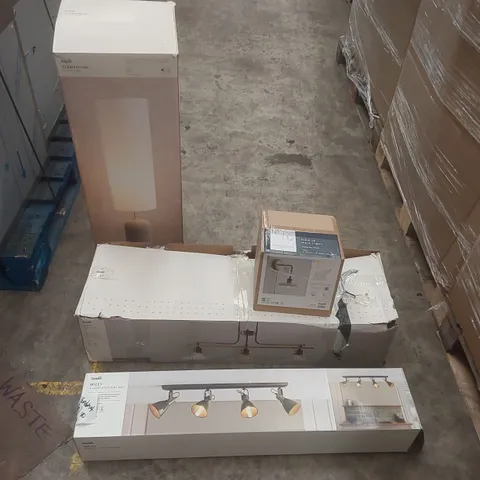 PALLET CONTAINING A VERY LARGE QUANTITY OF ASSORTED DESIGNER LIGHTING PRODUCTS INCLUDING: CLEMENTINE FLOOR LAMP, MILEY 4 LIGHT SPOTLIGHT BAR, COLT BAR CEILING LIGHT, FAWSLEY FERN WALL LIGHT ECT