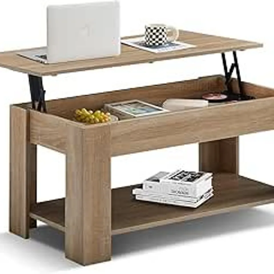 BOXED LIFT TOP COFFEE TABLE 3 TIERS COFFEE TABLE WITH HIDDEN STORAGE SHELF FOR LIVING ROOM WOOD END TABLE 100 X 50 X (40-53) CM, WOOD
