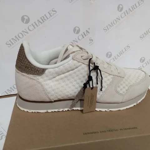 BOXED WODEN WHITE TRAINERS SUEDE - SIZE UK 8