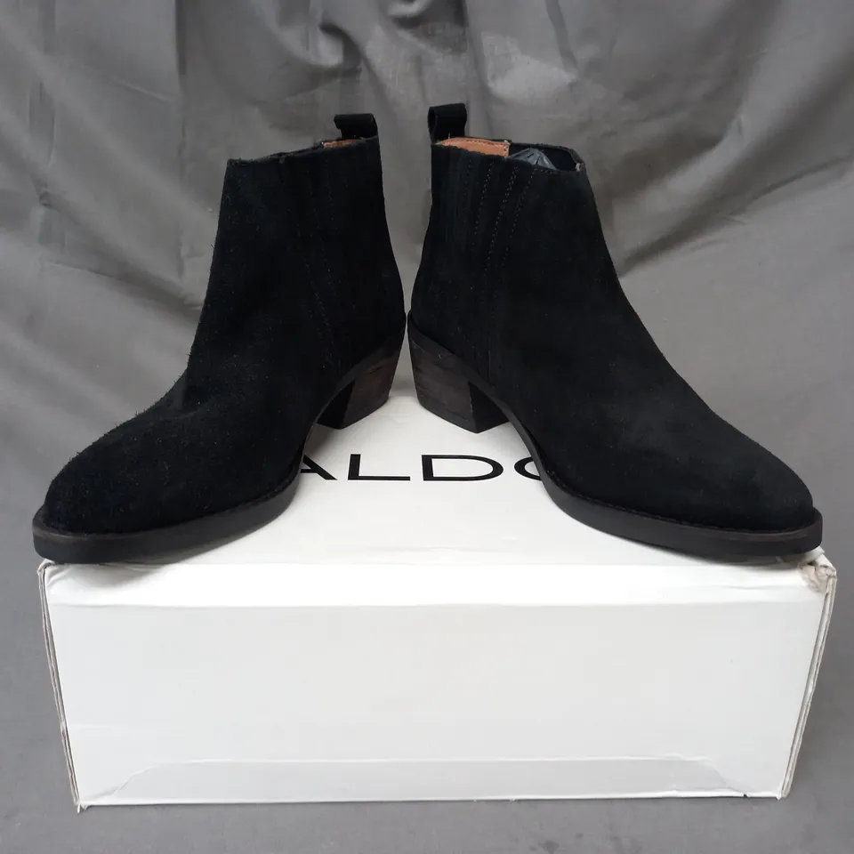 BOXED PAIR OF ALDO EDAECIA SUEDE ANKLE BOOTS IN BLACK EU SIZE 36