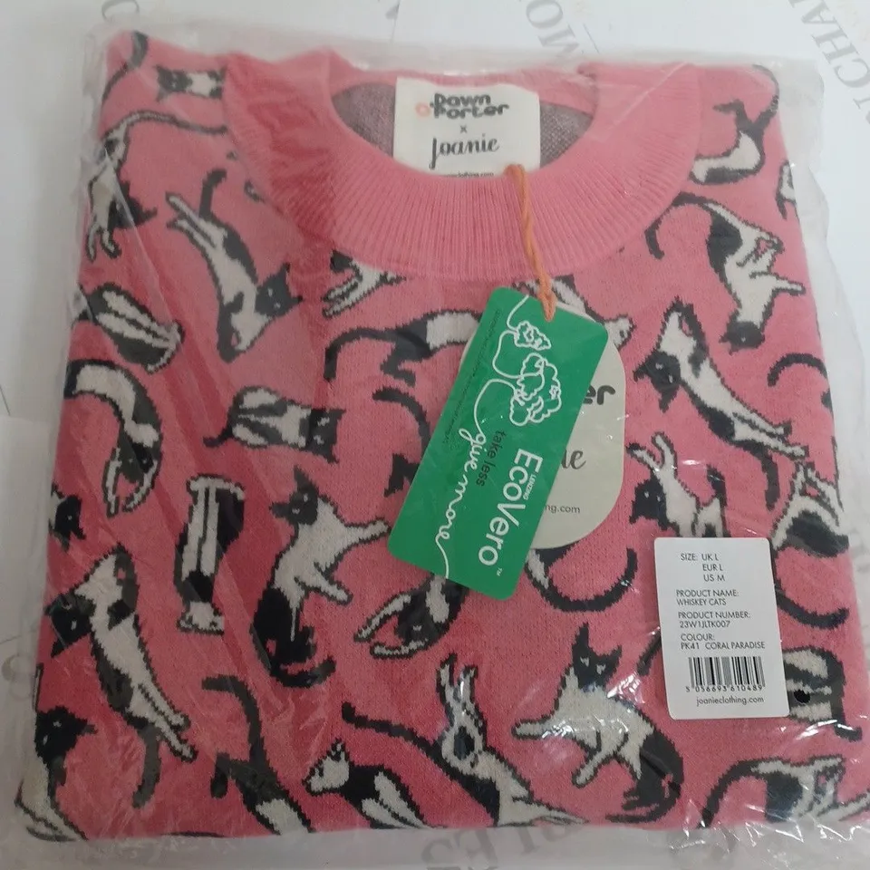 DAWN PORTER X JOANIE WHISLEY CATS PINK JUMPER - UK SIZE LARGE