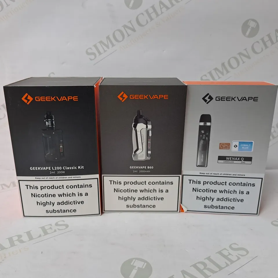 3 ASSORTED GEEKVAPE E-CIGARETTE PRODUCTS TO INCLUDE L200 CLASSIC KIT, B60, WENAX Q  