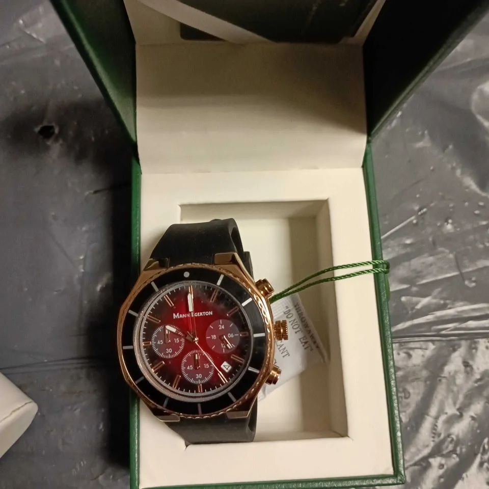MANN EGERTON CHRONOGRAPH WRISTWATCH – ROSE GOLD-TONE CASE, BLACK STRAP (BOXED)