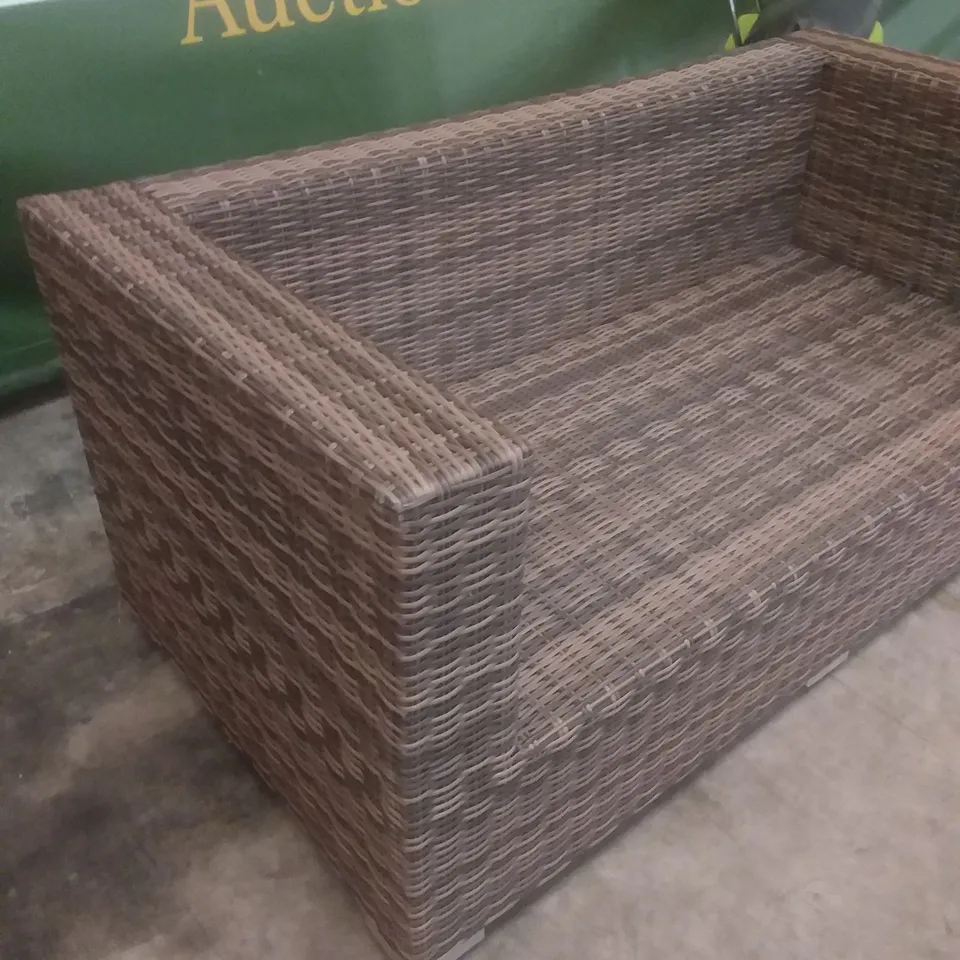 RATTAN EFFECT 2 SEATER GARDEN SOFA BROWN