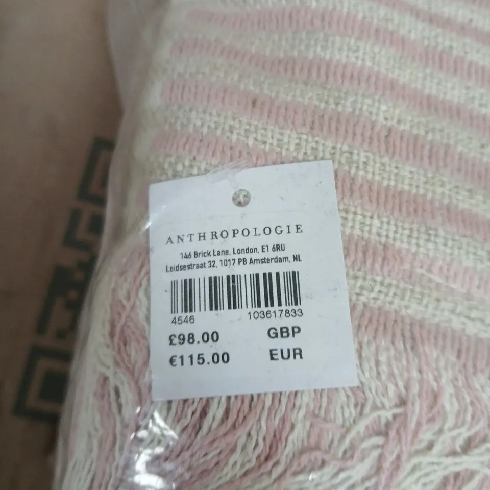 ANTHROPOLOGIE KNIT THROW BLANKET – PINK & CREAM, FRINGED
