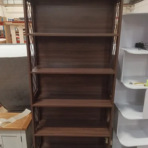 TALL DARK BROWN WOODEN BOOKCASE WITH METAL SIDE PANELS – 5 SHELVES