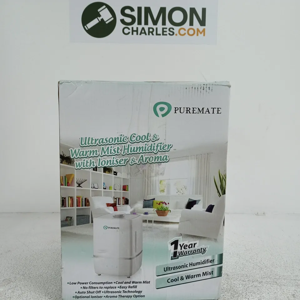 PUREMATE ULTRASONIC HUMIDIFIER – COOL & WARM MIST WITH IONISER & AROMA, BOXED
