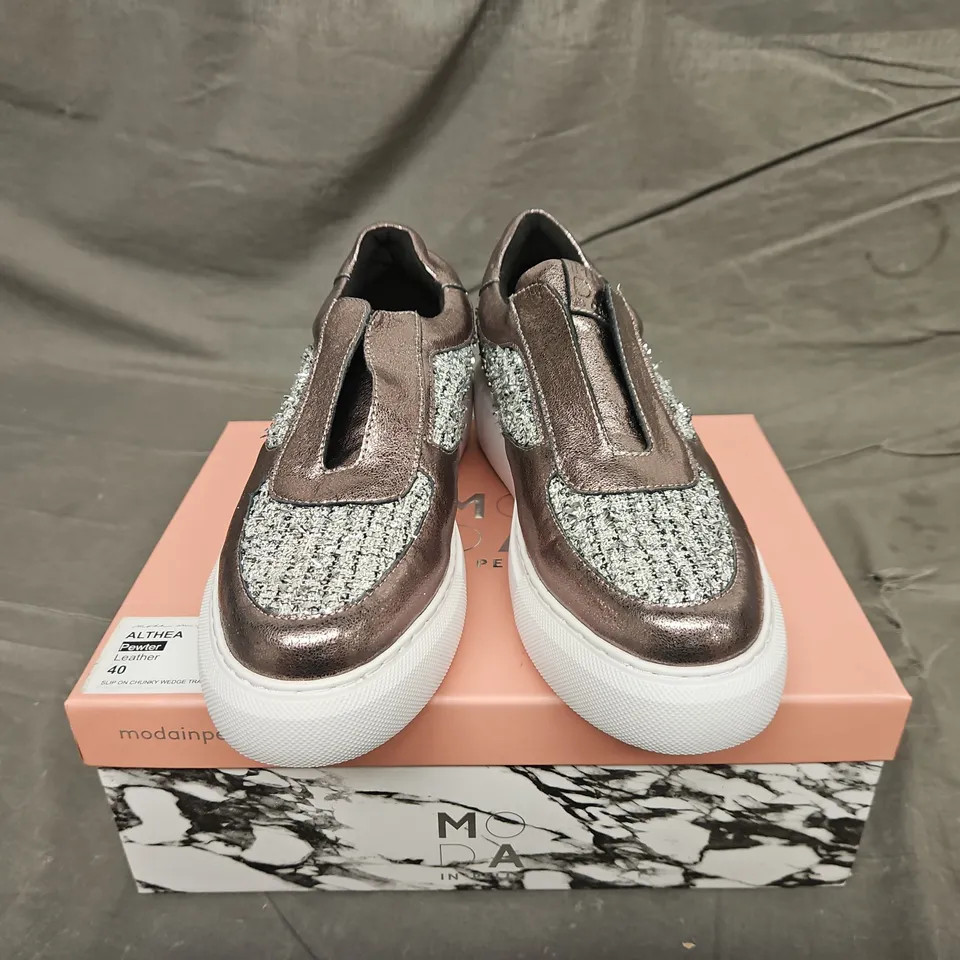 BOXED PAIR OF MODA IN PELLE PEWTER SLIP ON CHUNKY WEDGE TRAINERS - UK SIZE 40