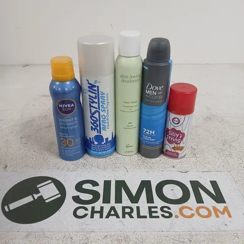 APPROXIMATELY 15 ASSORTED AEROSOLS TO INCLUDE SILLY STRING, DOVE MEN CARE, 360 STYLIN AERO SPRAY, ETC - COLLECTION ONLY
