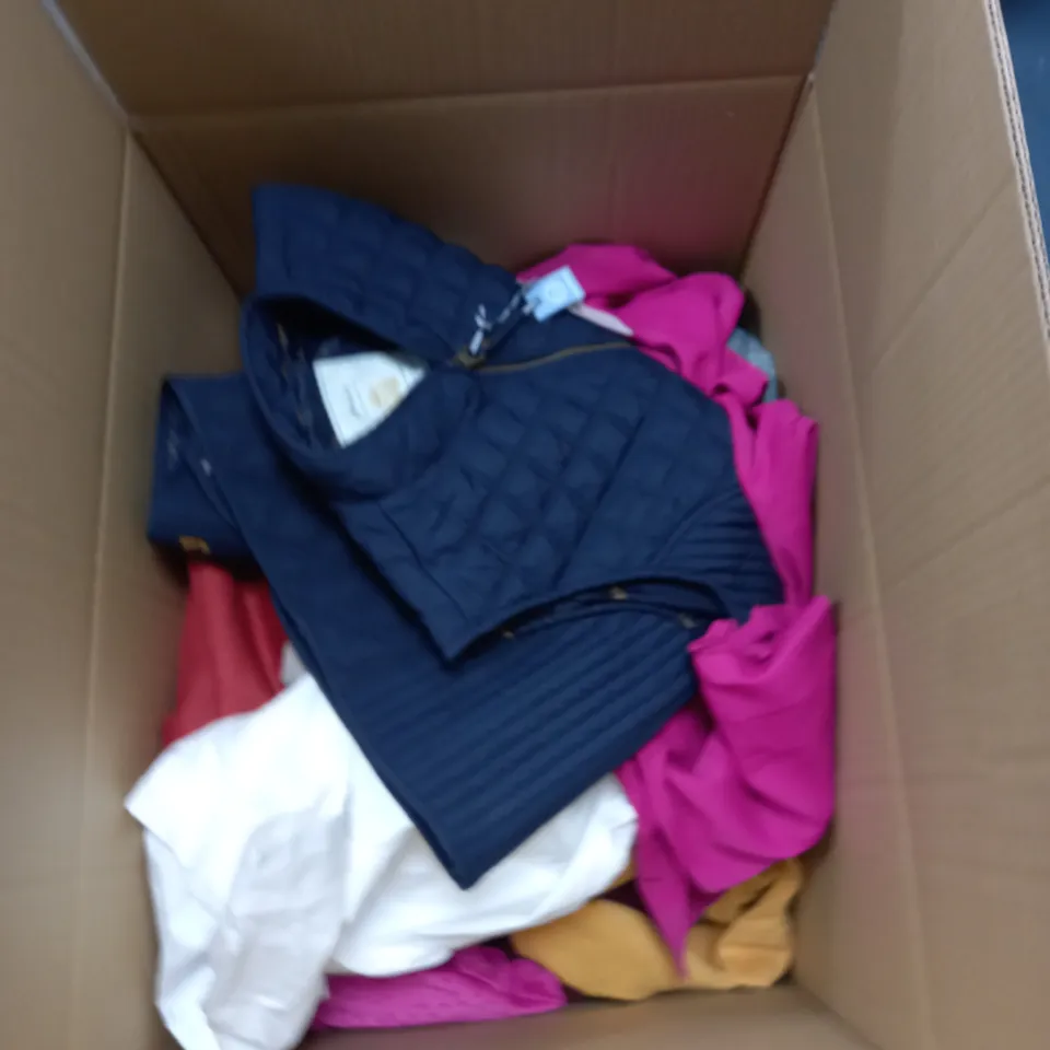 BOX OF ASSORTED CLOTHING ITEMS TO INCLUDE BLAZERS, TOPS, TROUSERS ETC