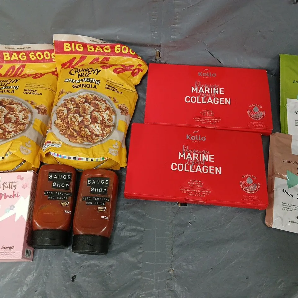APPROXIMATELY 8 ASSORTED FOOD & DRINK ITEMS TO INCLUDE - COLLAGEN LIQUID, CRUNCHY NUT GRANOLA, AND SAUCE SHOP BBQ SAUCE ETC. 