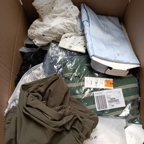 BOX OF APPROXIMATELY 25 ASSORTED CLOTHING ITEMS IN VARIOUS STYLES , COLOURS AND SIZES