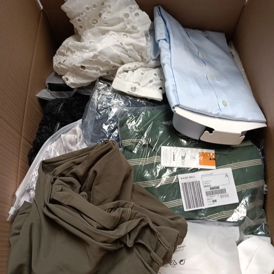 BOX OF APPROXIMATELY 25 ASSORTED CLOTHING ITEMS IN VARIOUS STYLES , COLOURS AND SIZES