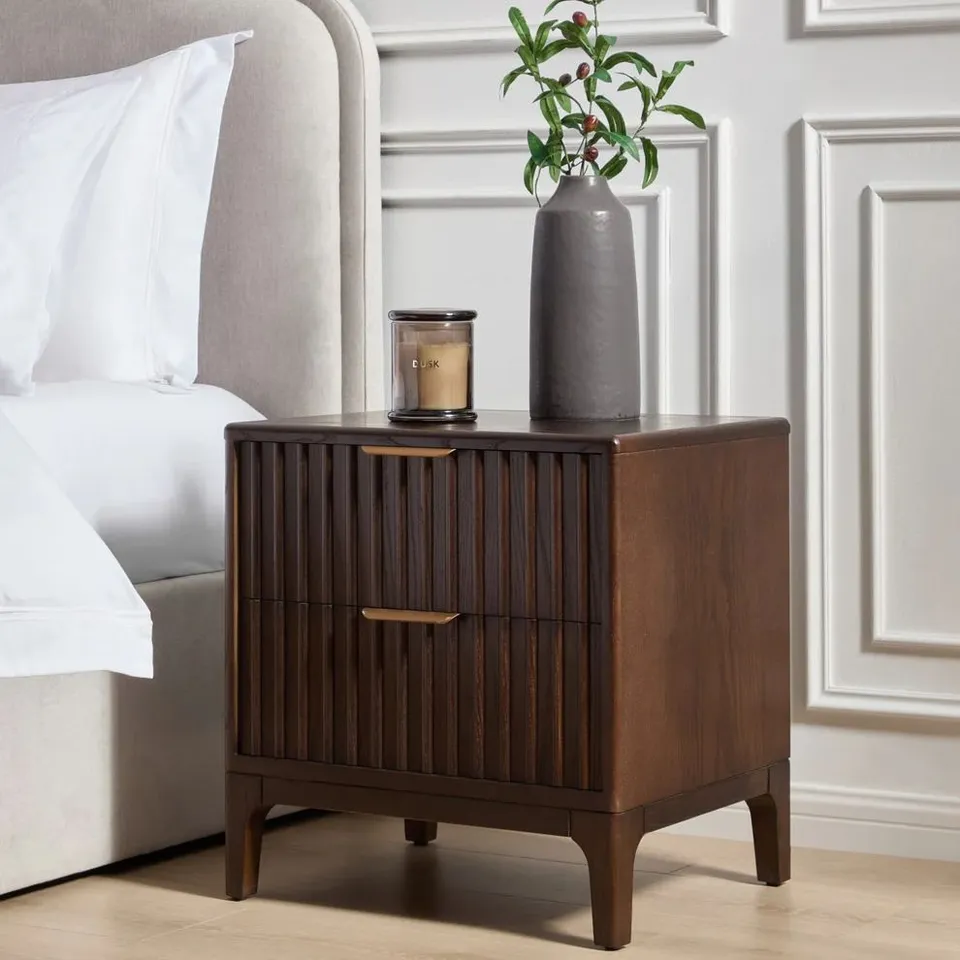 BOXED DUSK ELENA ASH 2 DRAWER BEDSIDE TABLE - WALNUT