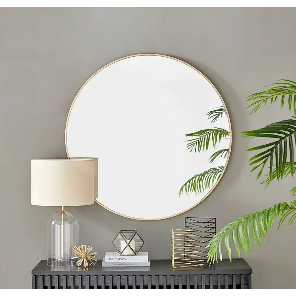 BOXED ALCANTERA ROUND METAL FRAME WALL MIRROR SIMPLE AND ELEGANT MODERN DESIGN - GOLD COLOUR