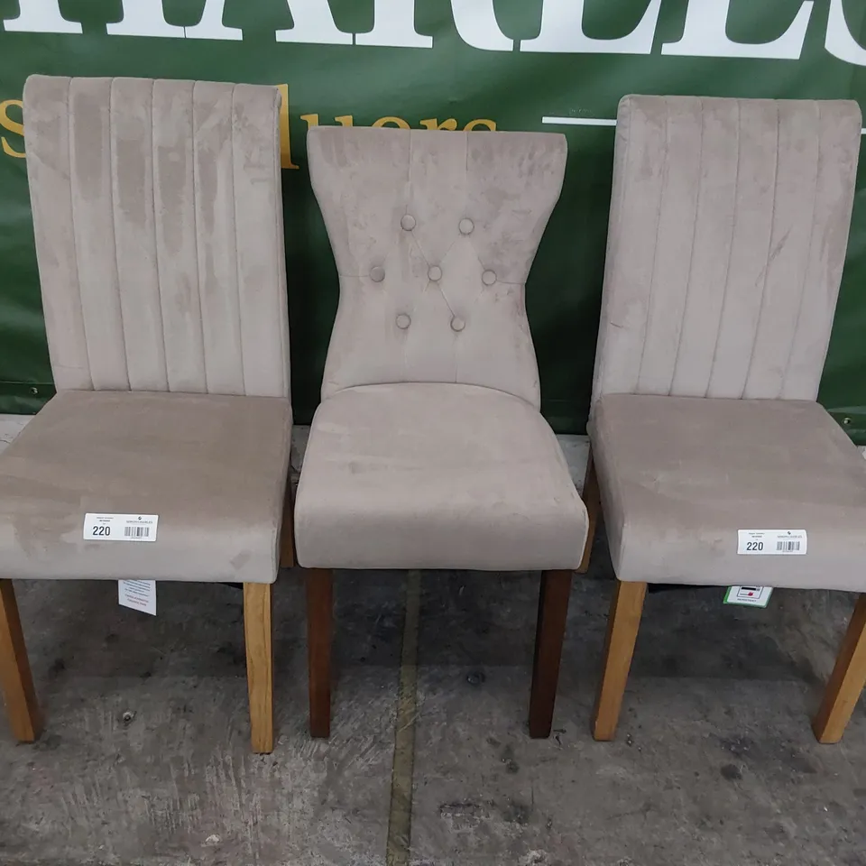 THREE ASSORTED UPHOLSTERED DINING CHAIRS BEIGE PLUSH FABRIC (PAIR + 1)