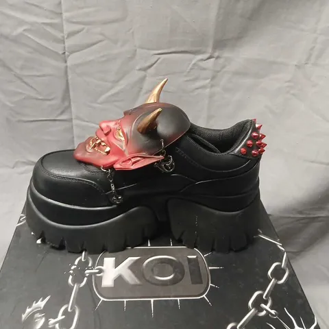 KOI SPAWN OF RAPTURE BLACK PLATFORM SHOES WITH HORNED DEMON MASK, UK 4