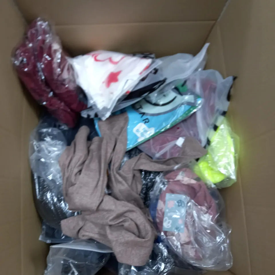 LARGE BOX OF ASSORTED CLOTHING ITEMS IN VARIOUS COLOURS AND SIZES INCLUDING TROUSERS , TOPS AND JUMPERS 