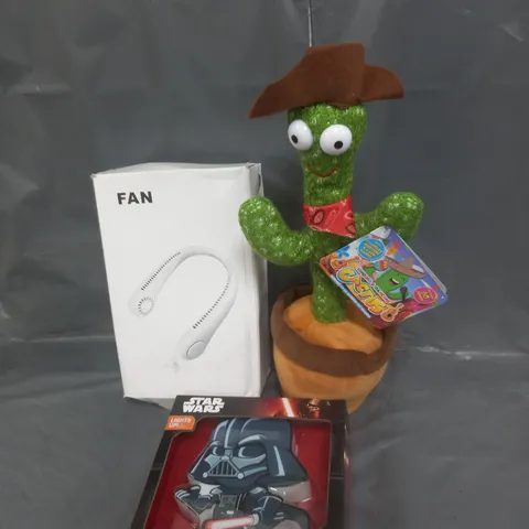 BOX OF ASSORTED ITEMS TO INCLUDE TALKING CACTUS, STAR WARS AND NECK FAN