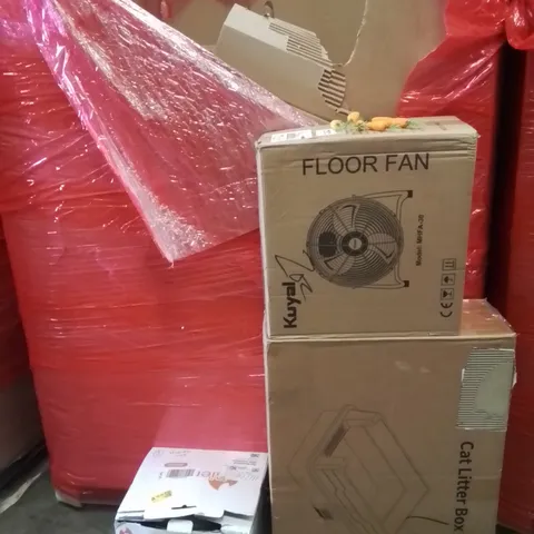 PALLET OF ASSORTED HOUSEHOLD GOODS AND PRODUCTS TO INCLUDE;WAX MELTER,CAT LITTER BOX,FAN