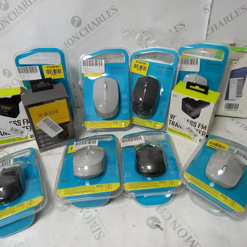APPROXIMATELY 12 ASSORTED ELECTRICALS ITEMS TO INCLUDE RAPOO M100 SILENT MOUSES, KIT WIRELESS FM TRANSIMTTER, KITSOUND EARBUDS, ETC