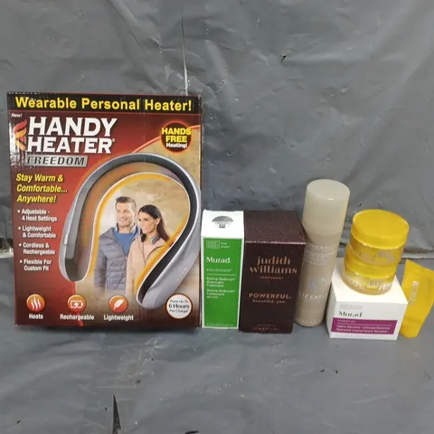 LARGE BOX OF ASSORTED ITEMS TO INCLUDE LIZ EARLE, HANDY HEATER AND JUDITH WILLIAMS