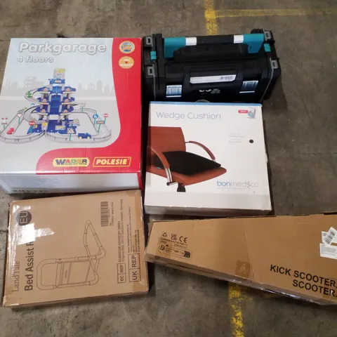 PALLET CONTAINING ASSORTED PRODUCTS INCLUDING TOOLBOX, WEDGE CUSHION, KICK SCOOTER, BED ASSIST RAIL & PARKING GARAGE TOY SET