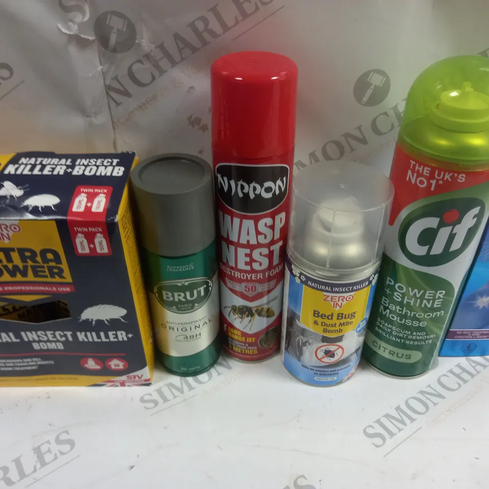 BOX OF APPROX 20 ASSORTED AEROSOLS TO INCLUDE BRUT, CIF POWER SHINE, BED BUG DUST MITE BOMB ETC - COLLECTION ONLY 