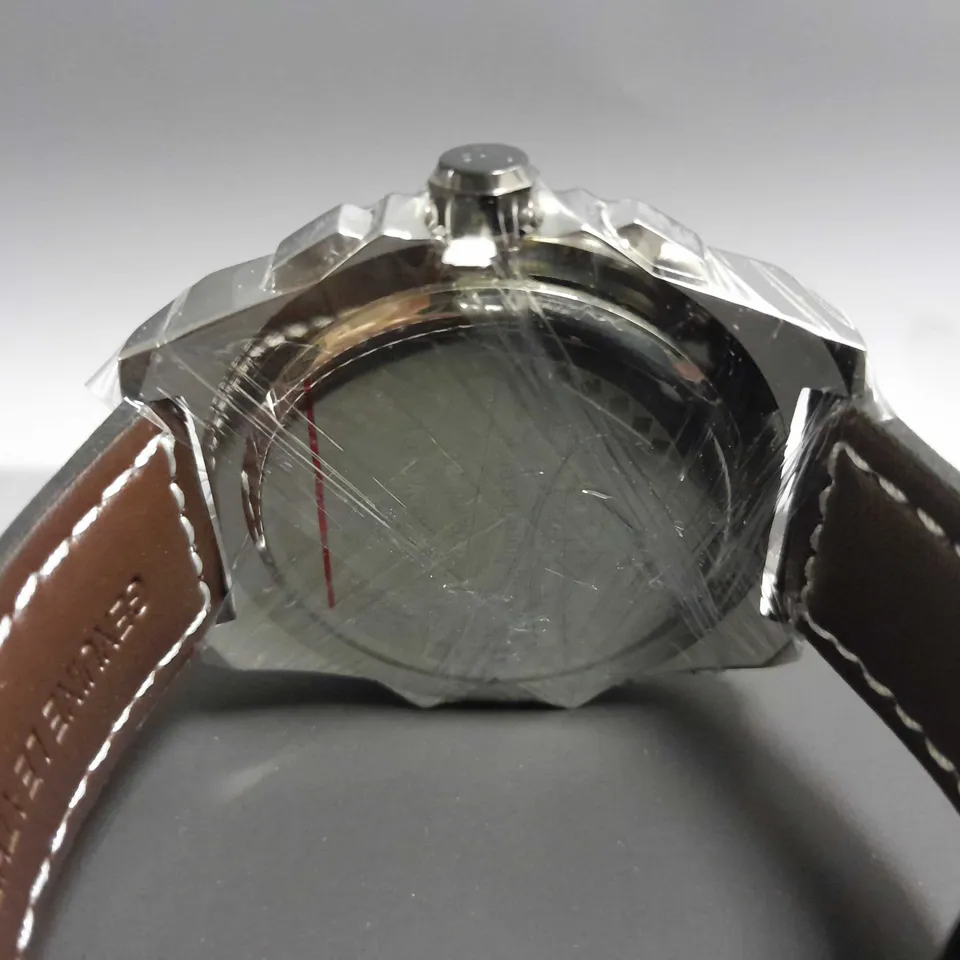 MENS LOUIS LACOMBE CHRONGRAPH WATCH – 3 SUB DIALS – SILVER COLOUR CASE – LEATHER STRAP