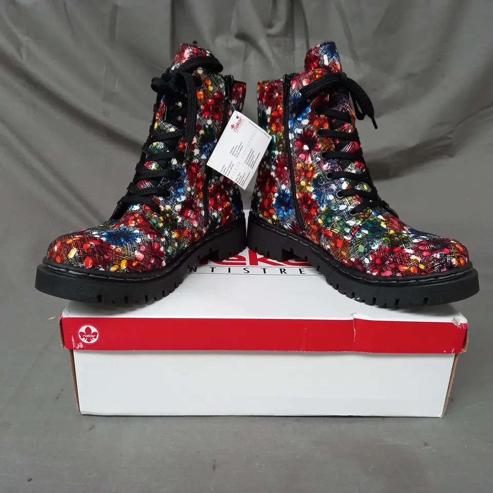 BOXED PAIR OF RIEKER BOOTS IN MULTI SIZE 6