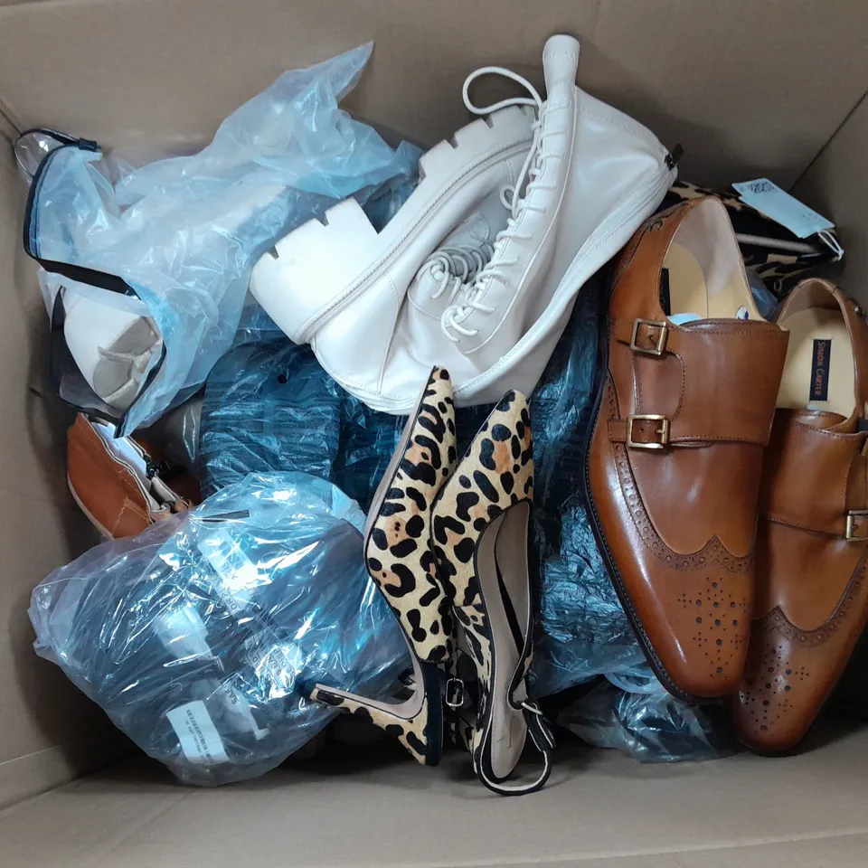 BOX OF APPROXIMATELY 12 PAIRS OF ASSORTED SHOES IN VARIOUS STYLES, COLOURS AND SIZES