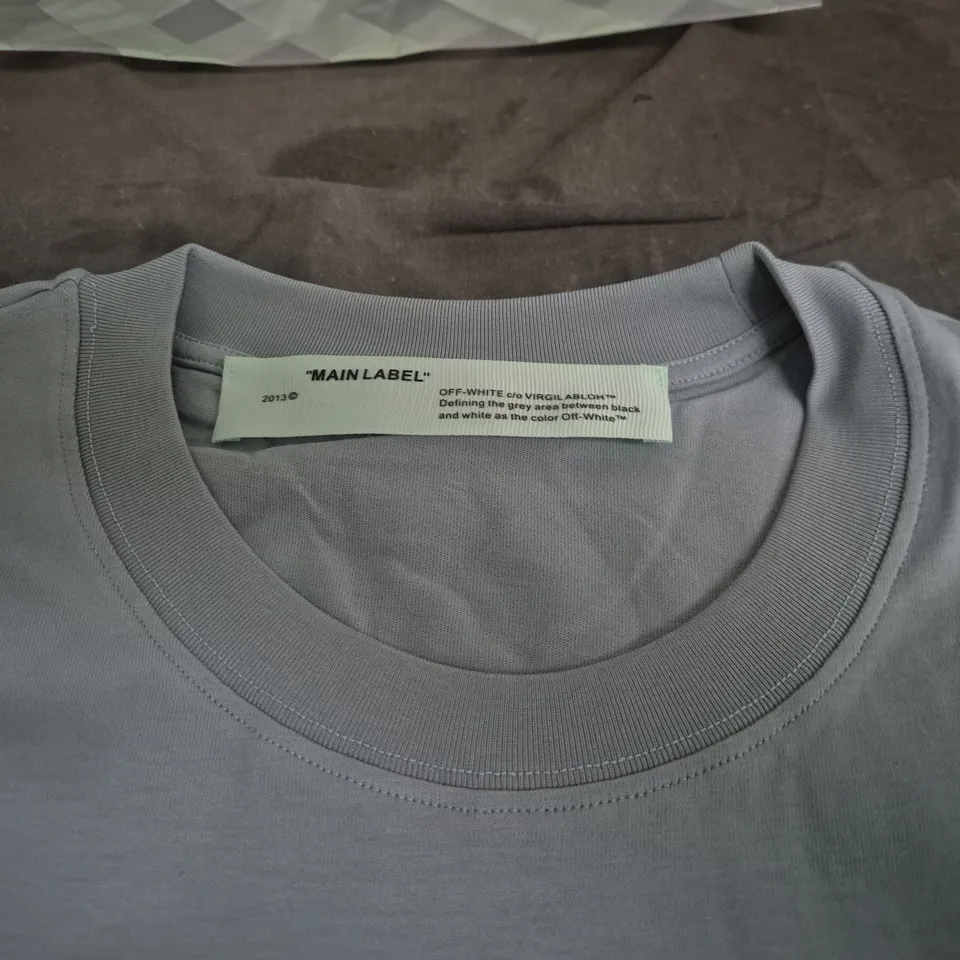 OFF-WHITE C/O VIRGIL ABLOH T-SHIRT WITH PAINT-SPLATTER PRINT – LIGHT BLUE/GREY SIZE M 