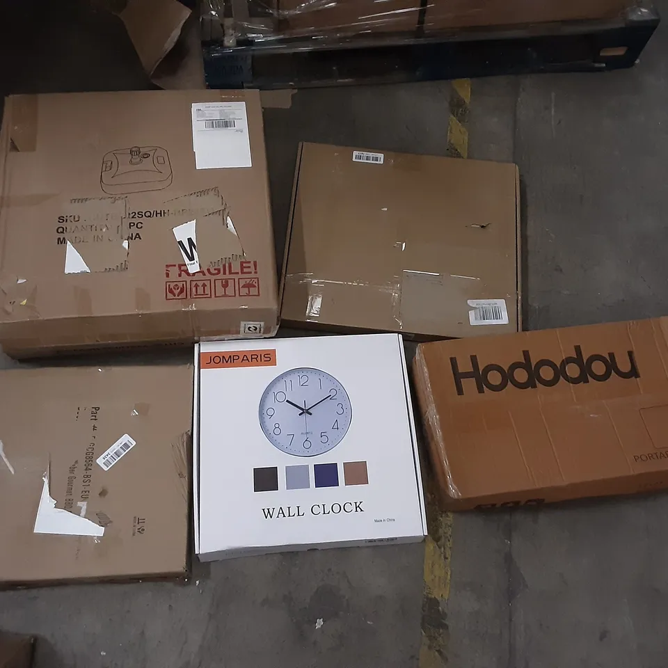 PALLET OF ASSORTED PRODUCTS INCLUDING KARY LED DESK LAMP, HOMIDEC CLOTHES RACK, NATURE SHOE RACK, HODODOU PORTABLE WARDROBE, JOMPARIS WALL CLOCK, DOUBLE POLE TELESCOPIC CLOTHES RACK
