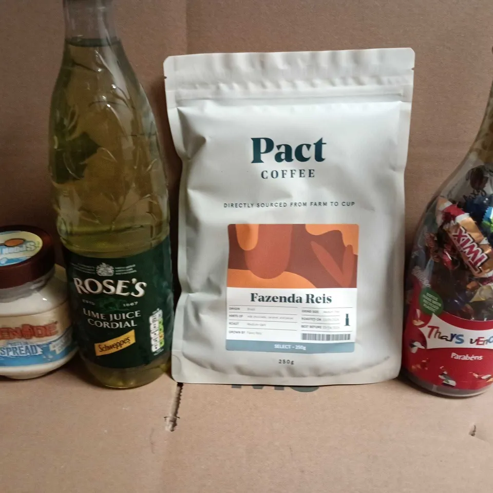 APPROXIMATELY 5 ASSORTED FOOD ITEMS TO INCLUDE - PACT COFFEE, CELEBRATIONS AND GRENADE SPREAD 