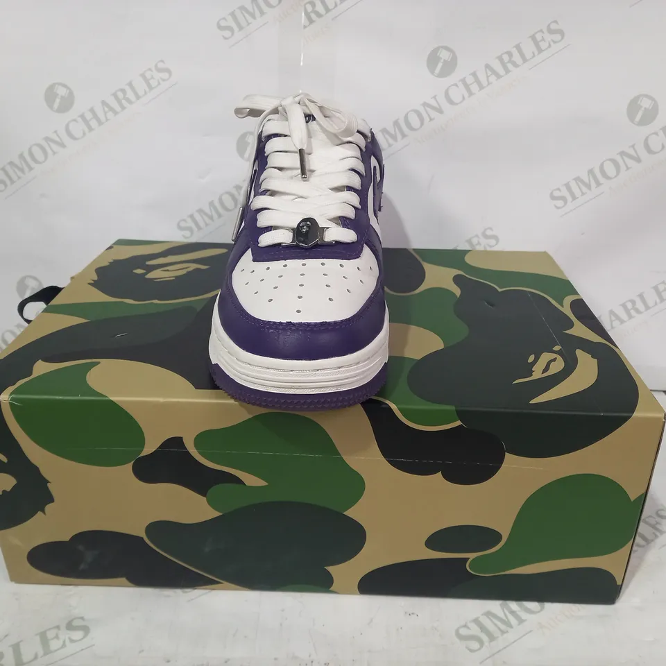 BOXED PAIR OF A BATHING APE SHOES IN PURPLE/WHITE US SIZE 8