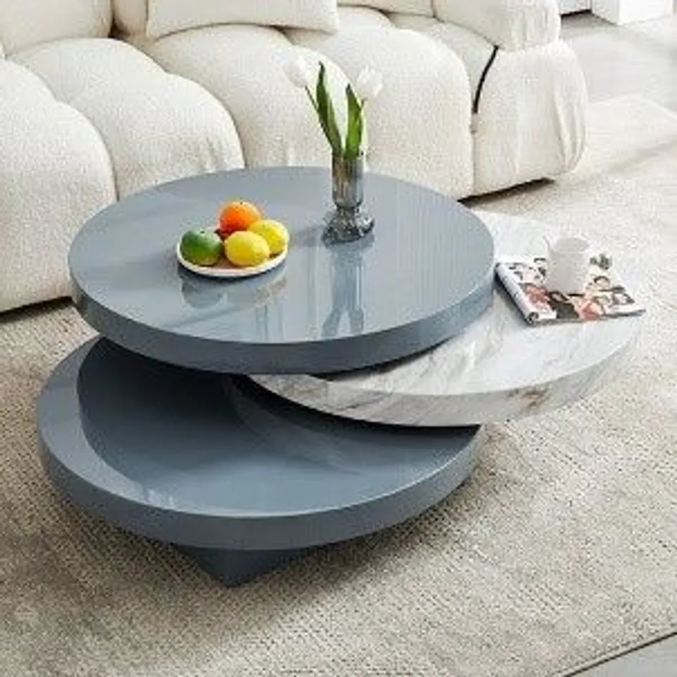 BRAND NEW BOXED TRIPLO GREY GLOSS COFFEE ROTATING COFFEE TABLE WITH MAGNESIA PRINT (2 BOXES)