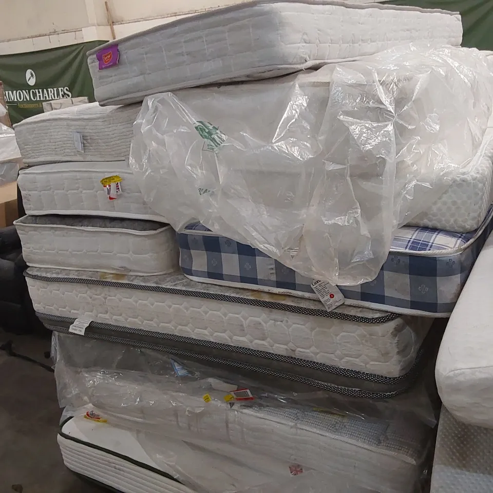 PALLET OF APPROXIMATELY 11 UNBAGGED MATTRESSES - VARIOUS SIZES, BRANDS, CONDITIONS 