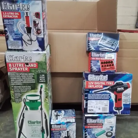 MIXED BOX OF TOOLS AND MACHINERY EQUIPMENT TO INCLUDE: 8 LITRE HAND SPRAYER, 1.5L OIL EXTRACTOR, DIGITAL TYRE INFLATOR, DRILL AND SCREW EXTRACTOR SET ETC. 