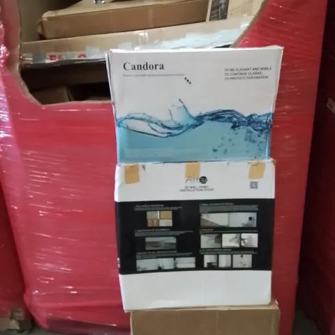 PALLET CONTAINING VARIOUS ASSORTED BOXED HOUSEHOLD ITEMS TO INCLUDE: WEED BARRIER FABRIC, SOFT WALL PET CARRIER, 3D WALL PANEL, AND LOTS MORE UNMARKED BOXED ITEMS