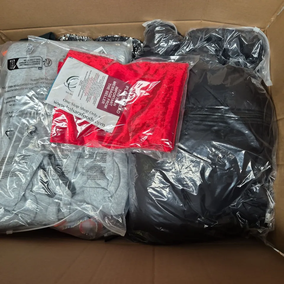 LARGE BOX OF ASSORTED CLOTHING ITEMS IN VARIOUS SIZES, STYLES AND COLOUR  TO INCLUDE JEANS, COAT, HOODIE, ETC