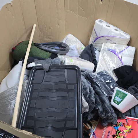 PALLET TO CONTAIN A LARGE AMOUNT OF ASSORTED HOUSEHOLD ITEMS TO INCLUDE TOILET ROLLS, CLOTHING, WALLPAPER ETC