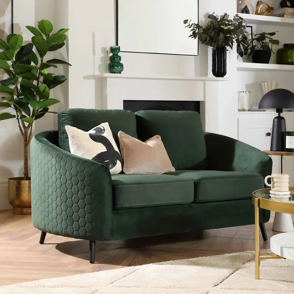BOXED MAE 2 SEATER CURVED MOSS GREEN VELVET SOFA (1 BOX)