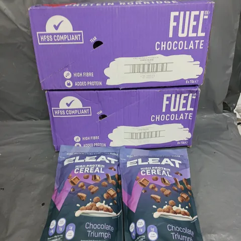 16X70G FUEL CHOCOLATE PROTEIN PORRIDGE, AND 2X ELEAT HIGH PROTEIN CHOCOLATE CEREAL
