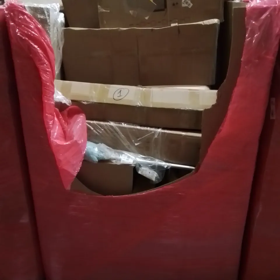 PALLET CONTAINING VARIOUS ASSORTED BOXED HOUSEHOLD ITEMS TO INCLUDE: BED RAIL, ARTIFICIAL GRASS ROLLS, SUITCASE AND LOTS MORE UNMARKED BOXED ITEMS 