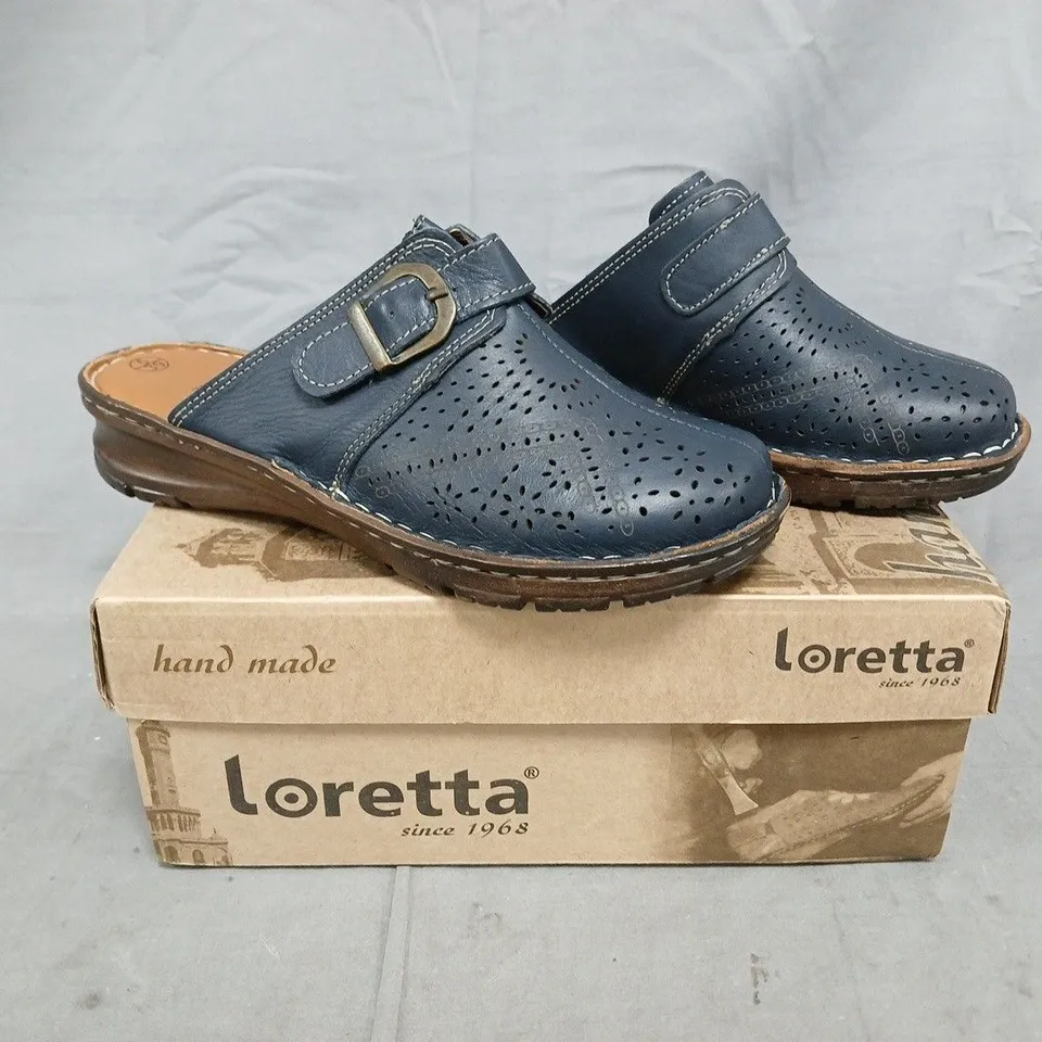 BOXED PAIR OF LORETTA MULES IN NAVY SIZE 6 (EU 39)