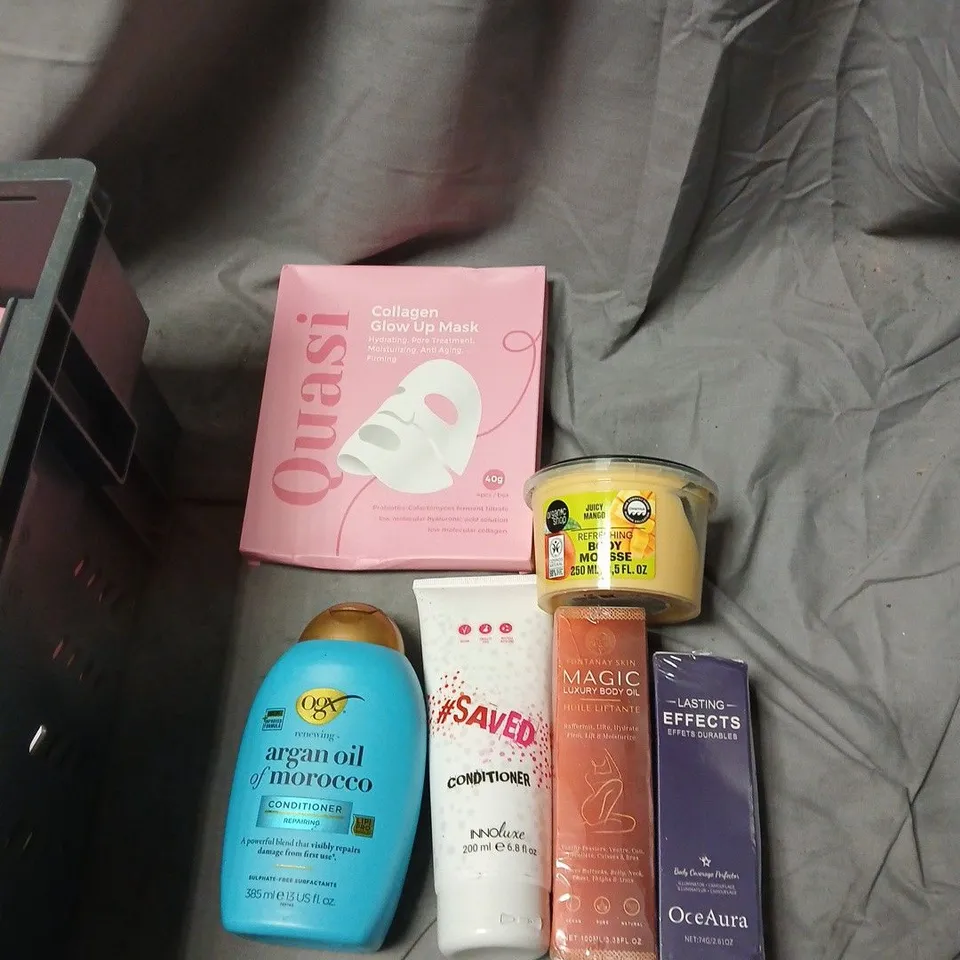 APPROXIMATELY 30 ITEMS INCLUDING COLLAGEN GLOW UP MASK (VERIFY BRAND) & ASSORTED HEALTH & BEAUTY PRODUCTS WITH BRANDS SUCH AS OGX INNOLUXXE AND QUASI .